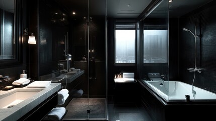Dark hotel bathroom interior featuring a tub, glass shower, and a window, with a mockup wall ideal for showcasing design concepts.