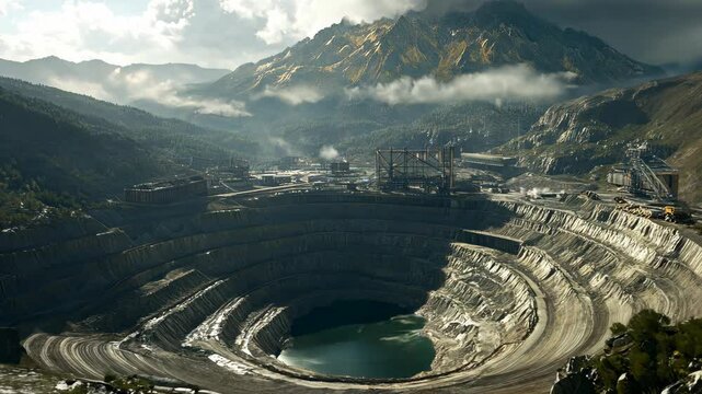 Vast open-pit mine surrounded by mountains under dramatic cloudy sky in the afternoon light