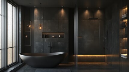 Dark hotel bathroom interior featuring a tub, glass shower, and a window, with a mockup wall ideal for showcasing design concepts.