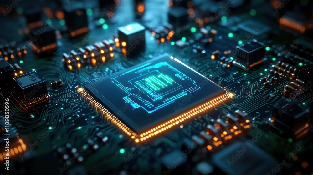Aufkleber Futuristic Digital Circuit Board with Glowing Microchip and Intricate Technology Background