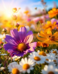 Vibrant wildflowers bathed in golden sunlight.