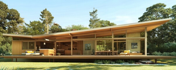 Fototapeta premium Charming Modern Wooden House Nestled in a Serene Forest Landscape Surrounded by Nature.