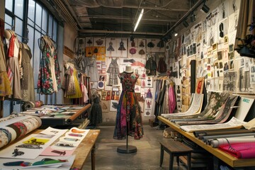 Fototapeta premium A vibrant fashion studio showcasing designs and inspiration on walls, with a dress on display.