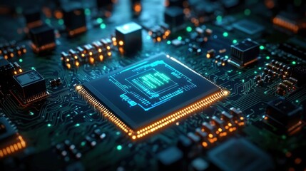 Futuristic Digital Circuit Board with Glowing Microchip and Intricate Technology Background