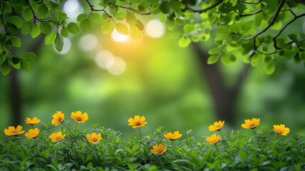 Sunlit garden with vibrant yellow flowers and fresh green foliage.