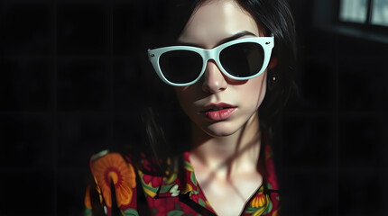 Obraz premium Shocking woman in black glasses in a dress with flowers on a dark background