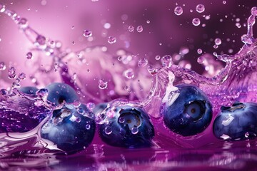 Vibrant Color Picture of Blueberries Falling Into a Splashing Purple Juice