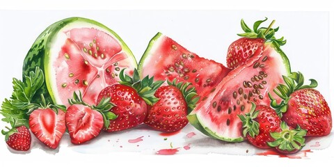 A vibrant illustration of watermelon and strawberries, showcasing their juicy textures and colors.