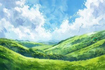 Fototapeta premium A vibrant landscape featuring rolling green hills under a bright blue sky with fluffy clouds.