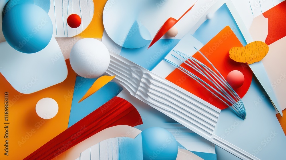 Fototapete geometric shapes and figures appear to be flying against a light background, creating a dynamic and 