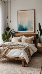Elegant boho bedroom featuring bamboo woven furniture a comfortable bed and lush green plants in pots surrounded by warm beige hues Bohemian Interior Design Inspiration
