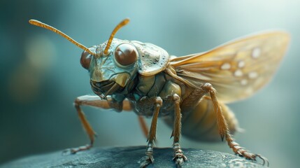 Fototapeta premium Close-up of a stylized grasshopper, detailed and exotic insect, with intricate textures and a muted color palette.
