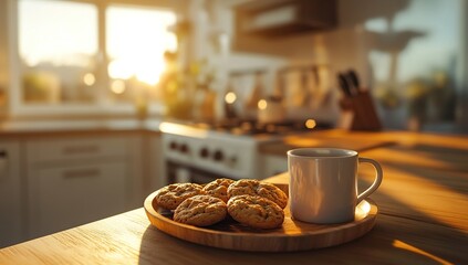 Enjoying Delicious Oatmeal Cookies with Coffee in Morning Sunlight: A Relaxing Kitchen Moment