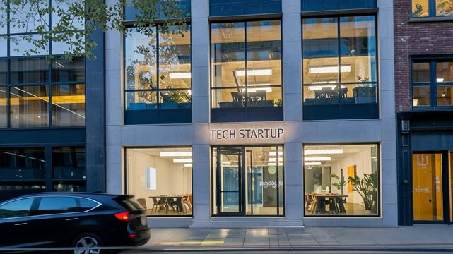 Tech Startup Office: Trendy tech office building exterior with modern minimalist design, large windows, and a brightly lit nameplate