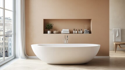 Fototapeta na wymiar Inviting bathroom interior featuring a bathtub, a shelf with neatly arranged accessories, and a window that adds natural light.