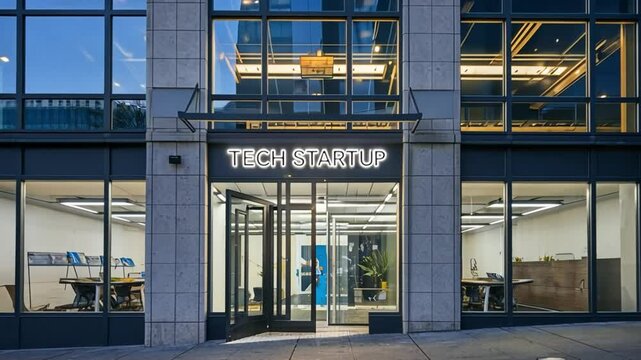 Tech Startup Office: Trendy tech office building exterior with modern minimalist design, large windows, and a brightly lit nameplate