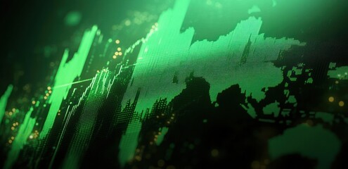 3D Green Growth Chart Rising with Digital Background for Stock Market Recovery