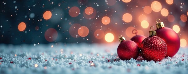 Sparkling red ornaments scattered on a snowy bokeh background, glitter, decoration