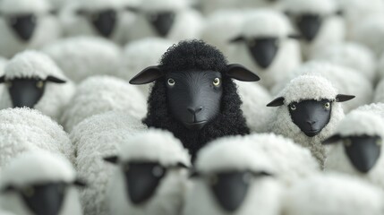 A single black sheep amidst a flock of white sheep, highlighting individuality and difference.