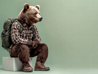 A whimsical bear dressed for hiking, showcasing a playful anthropomorphic design.