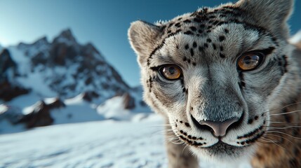 Obraz premium Close-up of a snow leopard looking over its shoulder with snow-covered mountains in the background, showcasing its distinctive fur pattern and intense gaze.