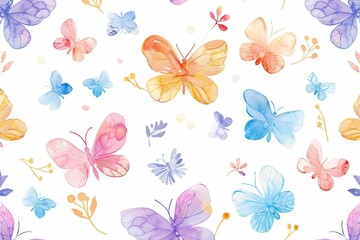 A vibrant pattern of watercolor butterflies in various colors, ideal for decorative or artistic use.