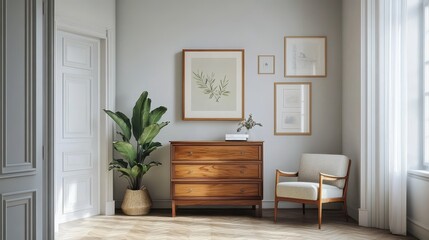 Fototapeta premium Light living room interior featuring a dresser and shelf adorned with art decoration.