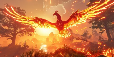 Obraz premium A vibrant phoenix rises against a fiery sunset, symbolizing rebirth and transformation.