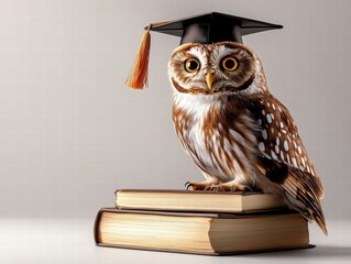 A whimsical owl wearing a graduation cap perched on books, symbolizing wisdom.