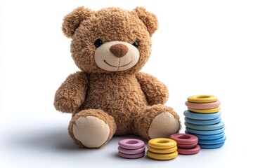 Obraz premium A plush teddy bear sits beside colorful stacking rings, ideal for children.