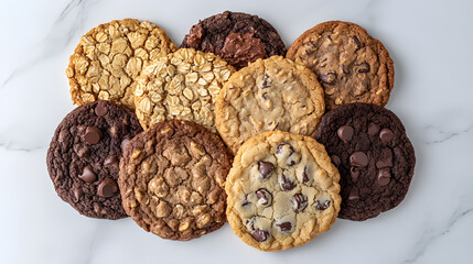 Obraz premium Assortment of eight delicious homemade cookies: oatmeal, chocolate chip, and double chocolate. Perfect for a sweet treat or snack. Freshly baked and visually appealing.