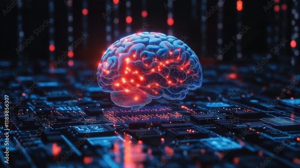Aufkleber 3D Rendering of Brain on Circuit Board for AI Technology and Big Data Processing