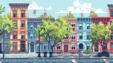 Obraz premium A vibrant pixel art scene depicting colorful townhouses along a tree-lined street.