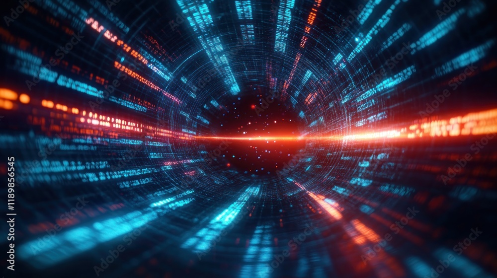 Poster futuristic digital landscape with swirling code light burst in cyberpunk style