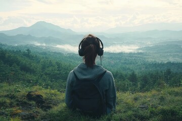 Woman in headphones enjoying music in tranquil nature landscape with mountains and fog