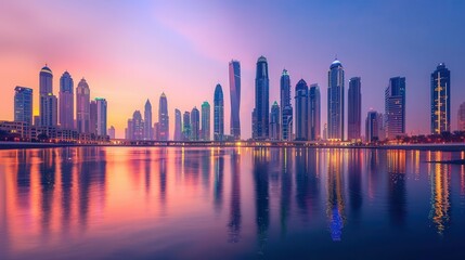 Obraz premium A vibrant skyline at dusk reflecting in water, showcasing modern architecture and urban beauty.