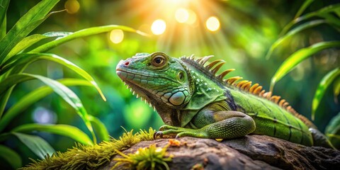 Obraz premium Green Iguana on Rock with Bokeh Effect, Tropical Animal, Wildlife Photography, Nature Scene, Reptile in Natural Habitat, Exotic Flora, Colorful Background, Sunlit Environment, Outdoor Adventure