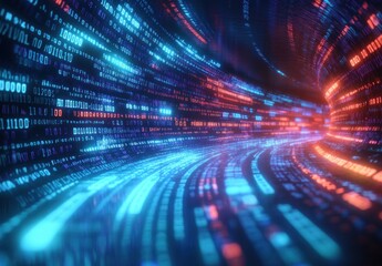 Futuristic Digital Landscape with Flowing Binary Code and Vibrant Colors