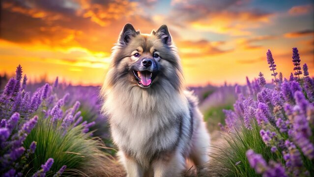 Happy Keeshond Dog in Lavender and Orange Background, Beautiful Pet Photography, Rule of Thirds, Playful Wolfspitz, Vibrant Colors, Adorable Canine Portrait, Cute Dog in Nature