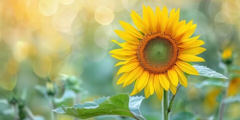 Obraz premium A vibrant sunflower stands tall against a softly blurred background, showcasing nature's beauty.