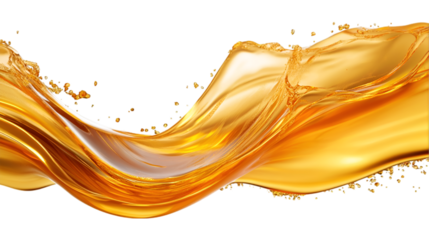 Golden wave oil or fuel splash on isolated transparent background