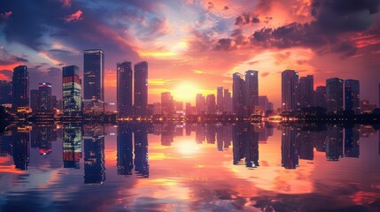 Obraz premium A vibrant sunset over a city skyline reflecting on the water.