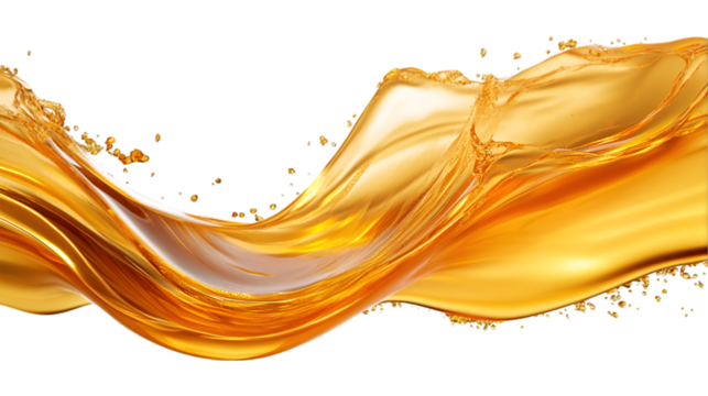 Golden wave oil or fuel splash on isolated transparent background