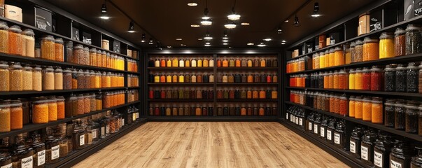 Fototapeta premium Spice Shop Interior with Shelves of Colorful Jars - Inviting Culinary Atmosphere