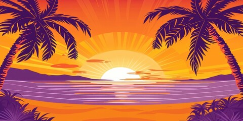 Obraz premium A vibrant sunset over the ocean with palm trees, evoking a tropical paradise.