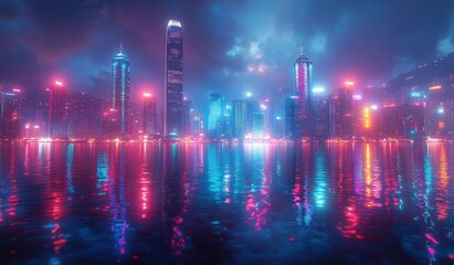 Futuristic City Skyline at Night with Neon Lights and Skyscrapers Reflected on Water