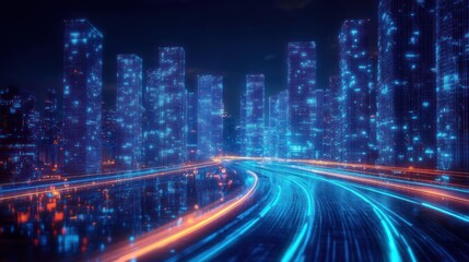 Naklejka premium Futuristic Cityscape Cyberpunk Highway Path Through Digital Towers AI Hyperloop Virtual Reality