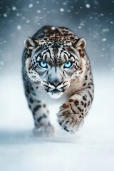 Fototapeta premium Close-Up of Snow Leopard Moving Swiftly Through Snow with Blue Eyes and Snowflakes Surrounding