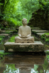 Artistic sculpture, A stone sculpture depicting a meditating figure, showcasing intricate details and serene expression, suitable for artistic and wellness-themed projects.