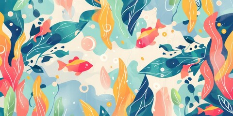 Fototapeta premium A vibrant underwater scene featuring colorful fish and aquatic plants in a playful, artistic style.